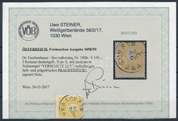 O 1858 2kr II Típus Sötétsárga ,,VERSCHETZ'  Certificate: Steiner - Sonstige & Ohne Zuordnung