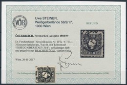 O 1858 3kr Típus Mélyfekete ,,ESSEGG (OBE)RSTADT' Certificate: Steiner - Altri & Non Classificati
