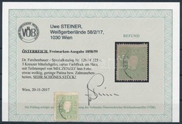 O 1858 3kr Kékeszöld Festékfolt A Nyakon ,,MEC(ZENZÉF)' Certificate: Steiner - Altri & Non Classificati