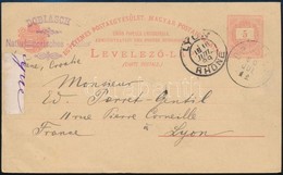 1889 5kr Díjjegyes Levelezőlap VII Vízjellel 'BRUSANE' - 'LYON' - Autres & Non Classés