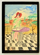 Frank Jelzéssel: Kalapos Hölgy Az Asztalnál. Akvarell, Papír, üvegezett Keretben, 38×28 Cm - Sonstige & Ohne Zuordnung