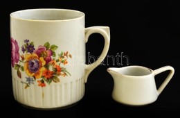 Zsolnay Porcelán Virágmintás Bögre + Kis Kiöntő, Jelzett, Kopásnyomokkal, M: 3 és 9 Cm - Altri & Non Classificati