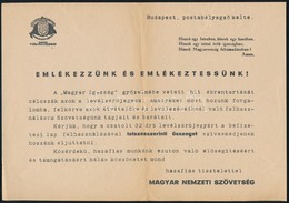 Cca 1930 Magyar Nemzeti Szövetség Irredenta Levélzáró Mellé Mellékelt Felhívás. - Altri & Non Classificati