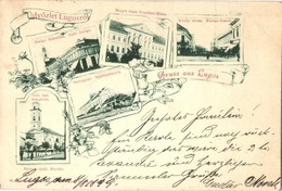 T2 1899 Lugos, Lugoj; Amigo Kávéház, Megyeház, Szeszgyár, Király Utca, Görög Katolikus Templom / Cafe, County Hall, Dist - Ohne Zuordnung