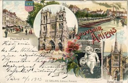 T3 Amiens, Place Saint-Denis, Cathédral / Square, Cathedral, Litho, Floral (kis Szakadás / Small Tear) - Non Classificati