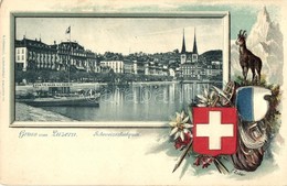** T3 Lucerne, Luzern; Schweizerhofquai, Bateaux A Lour / Quay. Coat Of Arms. Emb. Litho (pinholes) - Non Classificati