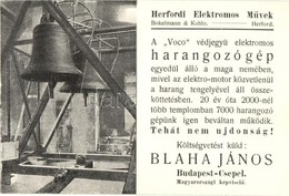 ** T1 Voco Védjegyű Elektromos Harangozógép. Herfordi Elektromos Művek Bokelmann & Kuhlo Reklámlapja. Blaha János Magyar - Ohne Zuordnung