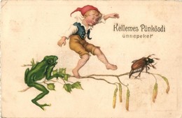 T4 Kellemes Pünkösdi Ünnepeket! / Pentecost Greeting Card, With Boy, Frog And Chafer. Litho (ázott / Wet Damage) - Non Classificati