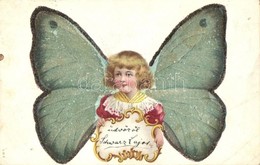 T3 Little Girl With Butterfly Wings. Greeting Art Postcard. Decorated Litho (EB) - Unclassified