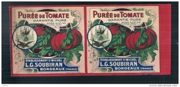 étiquette Double Sortie Imp -purée De Tomates  SOUBIRAN  BORDEAUX - Modele Parfiné  Chromo Litho  XIXeime/XX 25x11cm  - - Frutta E Verdura