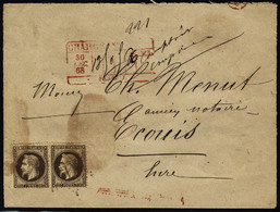 Lettre N° 30, 30c Brun Napoléon Lauré, Paire Hor. Sur L. Chargée Du 30 Déc 68, Grille Rouge Au Recto, Pour Ecouis Eure,  - Other & Unclassified