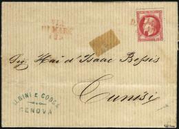 Lettre N° 32, 80c Rose Empire Lauré Seul Sur L. Oblitéré Via Di Mare En Rouge, L. Datée De Gênes Du 2 Janvier 1869 Pour  - Other & Unclassified