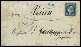 Lettre N° 44A, 20c Bleu Type I, Obl. Sur L., Très Grandes Marges, Superbe, Signé Calves + Brun - Other & Unclassified