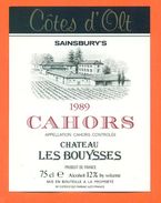 Etiquette Vin De Cahors Chateau Les Bouysses 1989 Cotes D'olt à Parnac - 75 Cl - Cahors