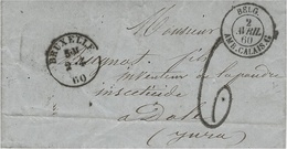 1860- Lettre De BRUXELLES  Cad Noir -taxe 6 D Tampon   + Entrée BELG.   AMB. CALAIS. G  Noir - 1849-1865 Medallones (Otros)