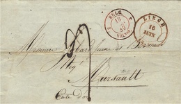 1849- Lettre De LIEGE /1849 Cad Rouge  Taxe 9 D Pour Meursault  Entrée 5 BELG. 5 / VALnes Rouge - 1849-1865 Medaillons (Varia)