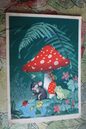 OLD USSR Postcard  - "LITTLE RAIN" By Byalkovskaya -   Champignon  - MUSHROOM 1956 Rare! Bee - Frog Amanita - Pilze
