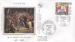 FRANCE- FDC SOIE CLOVIS DE LA GAULE A LA FRANCE - OBLIT.1er JOUR TOURNAI SOISSONS TOLBIAC VOUILLE PARIS 14.09.96 REIMS/7 - 1990-1999