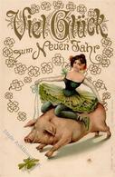 Neujahr Schwein Frau  Prägedruck 1907 I-II Cochon Bonne Annee - Nieuwjaar