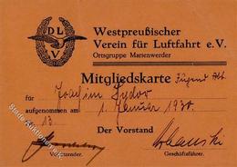 MARIENWERDER - WESTPREUSSISCHER VEREIN Für LUFTFAHRT E.V. - Mitgliedskarte Ortsgruppe Marienwerder 1930 I-II - Aviatori