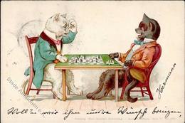 Schach Katzen Personifiziert Künstlerkarte 1900 I-II (fleckig) Chat - Schach