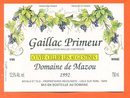 étiquette Vin De Bordeaux Gaillac Primeur 1992 Domaine De Mazou Boyals à Lisle Sur Tarn - 75 Cl - Gaillac