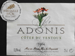 ETIQUETTE De VIN " Côtes Du Ventoux ADONIS 2006 " - Cave De Lumière à Goult (84220) - 13,5° - 75cl - Décollée Bon état - Côtes Du Ventoux