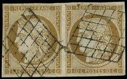 EMISSION DE 1849 1b   10c. Bistre VERDATRE, PAIRE Obl. GRILLE, TTB, Cote Maury - 1849-1850 Ceres