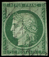 EMISSION DE 1849 2c   15c. Vert TRES FONCE, Marges étroites Par Endroits Mais Filet Intact, Obl. GRILLE SANS FIN, Nuance - 1849-1850 Cérès