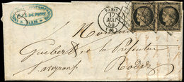 Let EMISSION DE 1849 3b   20c. Noir Sur CHAMOIS, PAIRE Obl. GRILLE S. LAC, Un Ex. Touché, Càd PARIS 17/5/50, Jolie Nuanc - 1849-1850 Cérès
