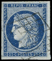 EMISSION DE 1849 4    25c. Bleu, Obl. GRILLE, Belles Marges, TTB - 1849-1850 Ceres