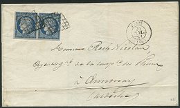 Let EMISSION DE 1849 4a   25c. Bleu Foncé, PAIRE Obl. GRILLE S. LAC, Càd PARIS (60) 25/7/51, TB - 1849-1850 Cérès