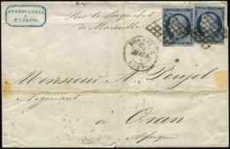 Let EMISSION DE 1849 4a   25c. Bleu Foncé (2), Obl. GRILLE S. LSC, Càd T15 BORDEAUX 20/3/51, Arr. ORAN POSS. D'AFR. "Par - 1849-1850 Cérès