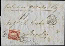 Let EMISSION DE 1849 6     1f. Carmin, Défx, Obl. GRILLE SANS FIN S. LAC, Càd PARIS 24/2/53, Pour BOMBAY, Mention "Overl - 1849-1850 Ceres