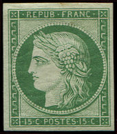 * EMISSION DE 1849 R2e  15c. Vert Vif Clair, REIMPRESSION, 3 Infimes Rousseurs, Sinon TB - 1849-1850 Ceres