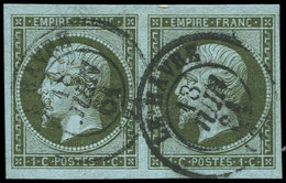 EMPIRE NON DENTELE 11    1c. Olive, PAIRE Obl. Càd T15 LE HAVRE 13/6/61, Belles Marges, TTB - 1853-1860 Napoléon III.