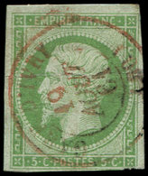 EMPIRE NON DENTELE 12    5c. Vert, Obl. Càd Rouge T15 GARE D'IVRY 19/8/61, Un Angle Touché, R, Frappe TB - 1853-1860 Napoléon III.