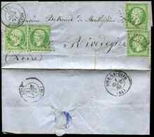 Let EMPIRE NON DENTELE 12    5c. Vert (4 Dont Un Effl.) Obl. GC 2342 S LAC, Càd MEXIMIEUX 31/8/63, Arr. RIVE De GIER 1/9 - 1853-1860 Napoléon III.