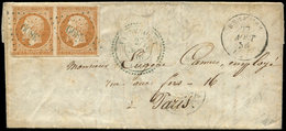 Let EMPIRE NON DENTELE 13A  10c. Bistre, T I, PAIRE (un Ex. Filet Touché) Obl. PC BLEU 3899 Sur LAC, Càd T122 VAUBECOURT - 1853-1860 Napoleone III