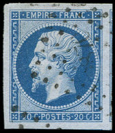 EMPIRE NON DENTELE 14B  20c. Bleu, T II, Obl. PC Léger, Grandes Marges, Superbe - 1853-1860 Napoleon III