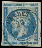 EMPIRE NON DENTELE 14B  20c. Bleu, T II, Obl. Càd T15 PRADES 29/(6/61), Frappe TB/TTB - 1853-1860 Napoléon III.