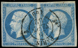 EMPIRE NON DENTELE 14B  20c. Bleu, T II, PAIRE Obl. Càd 3e PARIS 3 20/9/62, Frappe TTB - 1853-1860 Napoléon III
