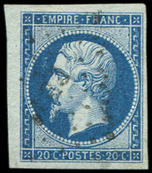 EMPIRE NON DENTELE 14Ba 20c. Bleu Sur Vert, T II, Grandes Marges, Obl. PC, TTB - 1853-1860 Napoleon III