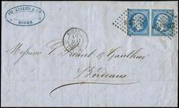 Let EMPIRE NON DENTELE 14A  20c. Bleu, T I, PAIRE Petit Bdf, Obl. PC 2738 Sur LAC, Càd T15 ROUEN 10/5/60, TTB/Superbe - 1853-1860 Napoléon III.