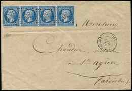 Let EMPIRE NON DENTELE 14A  20c. Bleu, BANDE De 4 Obl. PC 3701 S. Env., Càd T15 YSSINGEAUX 12/9/60, TTB - 1853-1860 Napoleon III