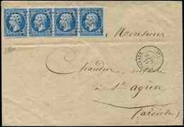 Let EMPIRE NON DENTELE 14A  20c. Bleu, BANDE De 4 Obl. PC 3701 S. Env., Càd T15 YSSINGEAUX 12/9/60, TTB - 1853-1860 Napoleone III