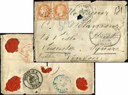 Let EMPIRE LAURE 31   40c. Orange, PAIRE Obl. GC 2488 PARIS MONTMARTRE 28/6/70 S. LAC Ayant Souffert, RR Cachet Au Recto - 1863-1870 Napoleon III With Laurels