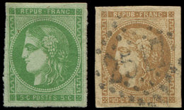EMISSION DE BORDEAUX 42B Et 43A, 5c. Vert-jaune, R II (*) Et 10c. Bistre R I, Obl. GC 2517, TB - 1870 Emission De Bordeaux