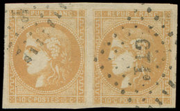 EMISSION DE BORDEAUX 43B  10c. Bistre Jaune, R II, PAIRE Obl. Ambulant CT1°, TTB - 1870 Bordeaux Printing