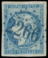 EMISSION DE BORDEAUX 44A  20c. Bleu, T I, R I, Obl. GC Bleu 2266, Pelurage, Mais Frappe Superbe, B/TB - 1870 Ausgabe Bordeaux